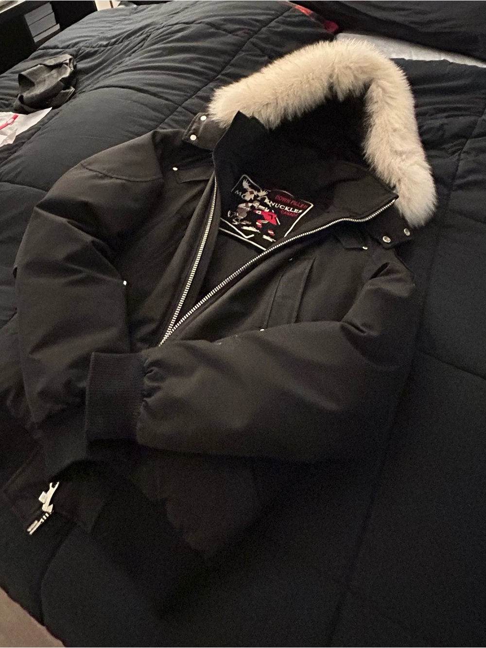 Moose Knuckles Black Puffer Jacket with Fur-Trim Hood